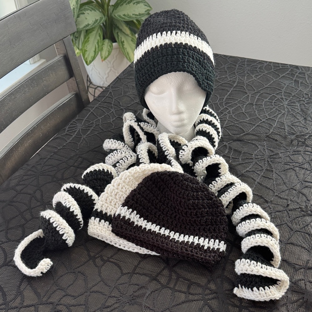 Handmade Black and White Crochet Beanie Hat and Scarf Set